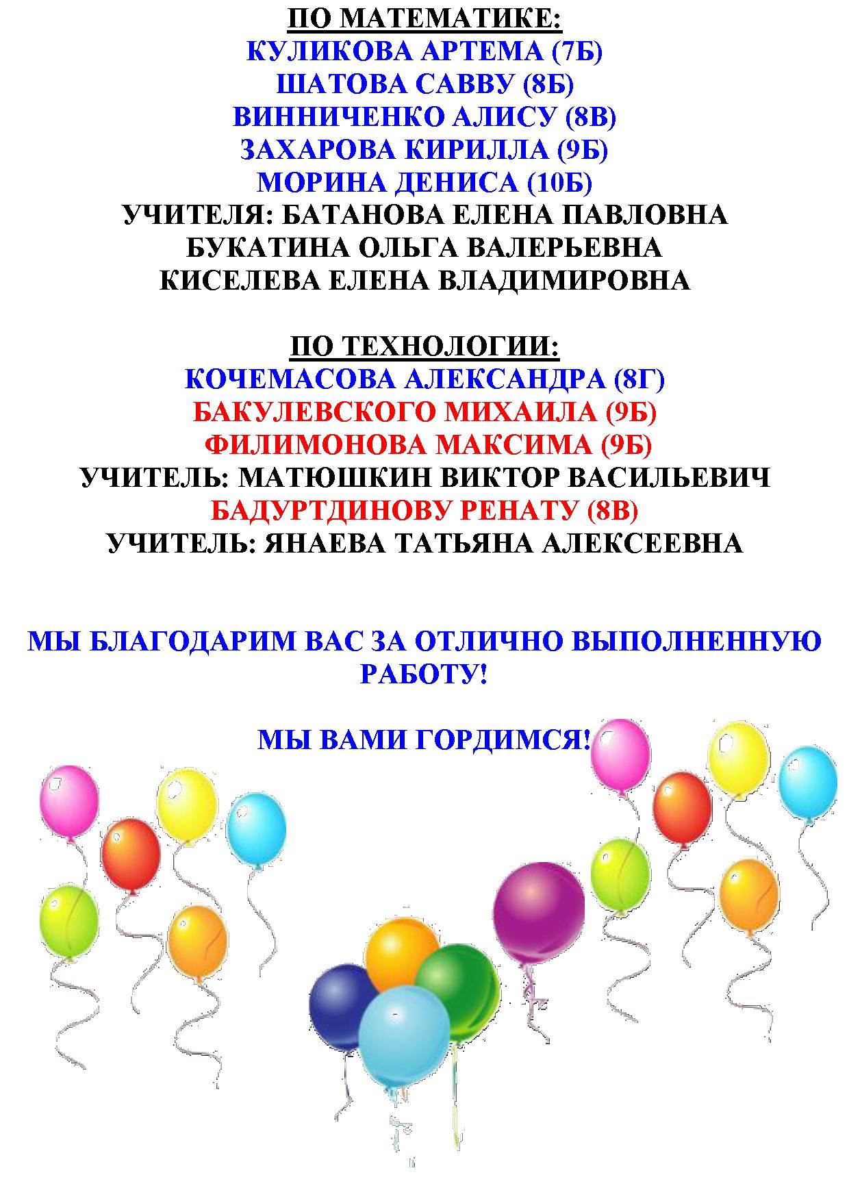 ПО МАТЕМАТИКЕ: КУЛИКОВА АРТЕМА (7Б) ШАТОВА САВВУ (8Б) ВИННИЧЕНКО АЛИСУ (8В) ЗАХАРОВА КИРИЛЛА (9Б) МОРИНА ДЕНИСА (10Б) УЧИТЕЛЯ: БАТАНОВА ЕЛЕНА ПАВЛОВНА БУКАТИНА ОЛЬГА ВАЛЕРЬЕВНА КИСЕЛЕВА ЕЛЕНА ВЛАДИМИРОВНА ПО ТЕХНОЛОГИИ: КОЧЕМАСОВА АЛЕКСАНДРА (8Г) БАКУЛЕВСКОГО МИХАИЛА (9Б) ФИЛИМОНОВА МАКСИМА (9Б) УЧИТЕЛЬ: МАТЮШКИН ВИКТОР ВАСИЛЬЕВИЧ БАДУРТДИНОВУ РЕНАТУ (8В) УЧИТЕЛЬ: ЯНАЕВА ТАТЬЯНА АЛЕКСЕЕВНА МЫ БЛАГОДАРИМ ВАС ЗА ОТЛИЧНО ВЫПОЛНЕННУЮ РАБОТУ! МЫ ВАМИ ГОРДИМСЯ!